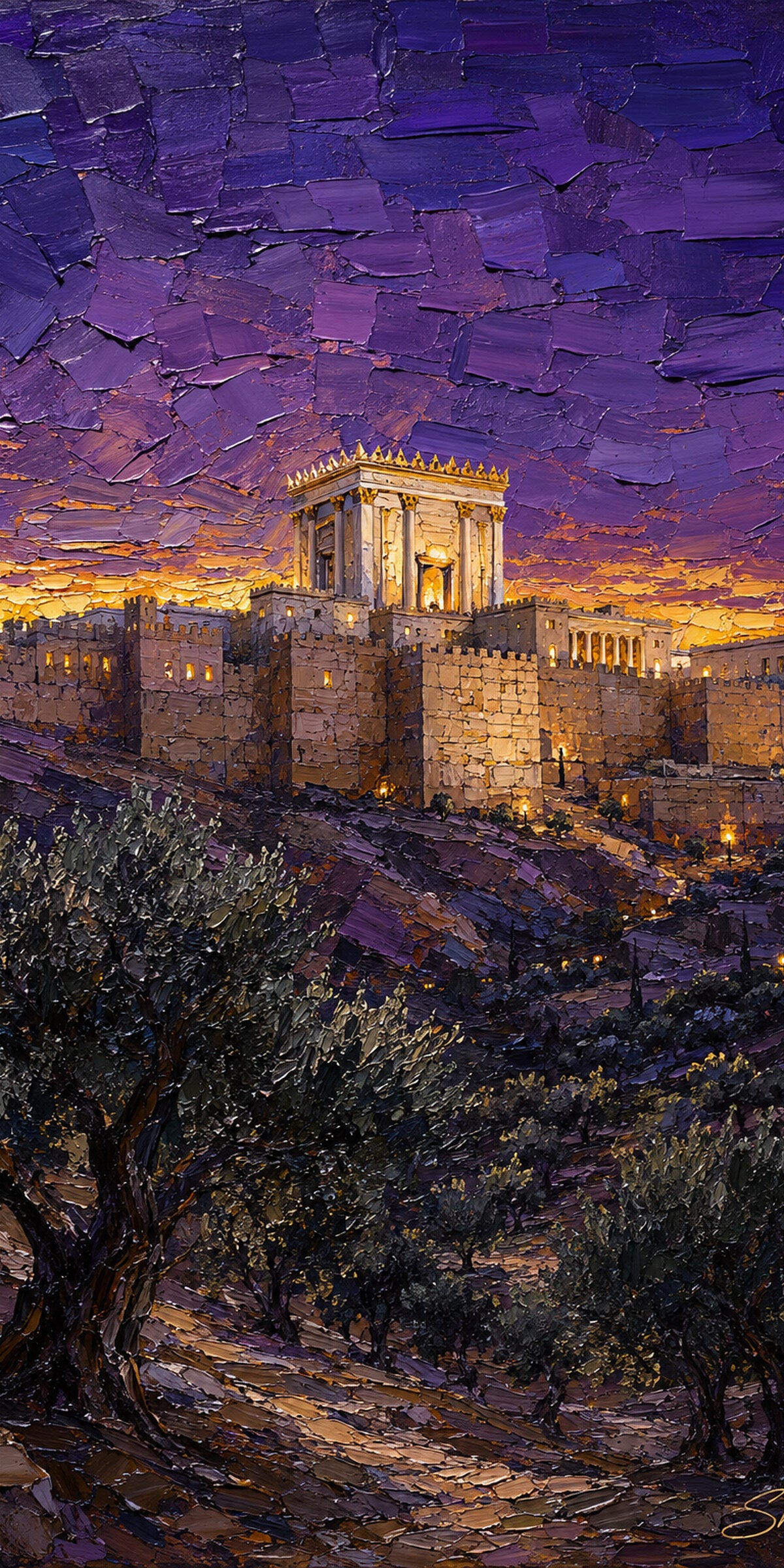 Purple Dusk Over the Mikdash, sukkah wall art by Sholom.