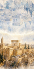 Watercolor Mikdash Rising, sukkah wall art by Sholom.