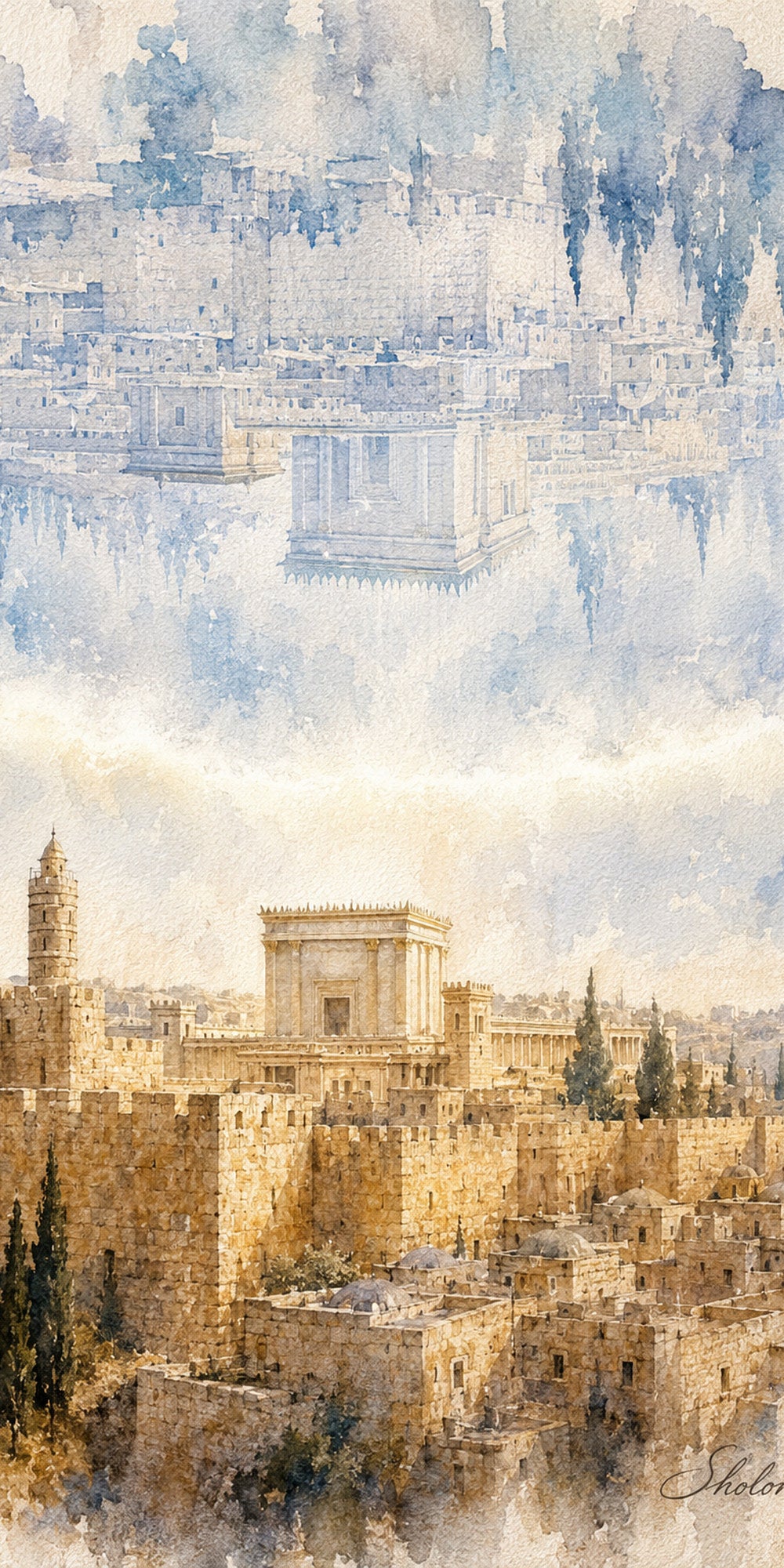 Watercolor Mikdash Rising, sukkah wall art by Sholom.
