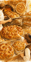 Bakery Trays at Dawn, sukkah wall art by Sholom.