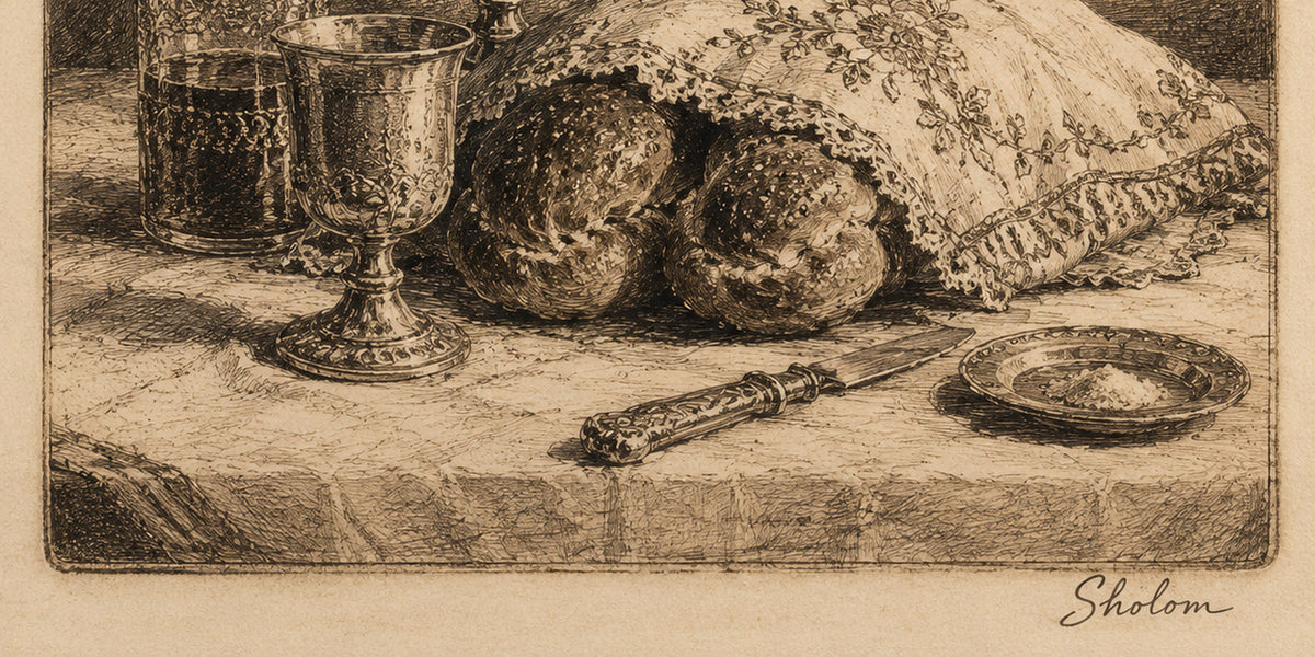Shabbos Table Drawn in Line, sukkah wall art by Sholom.