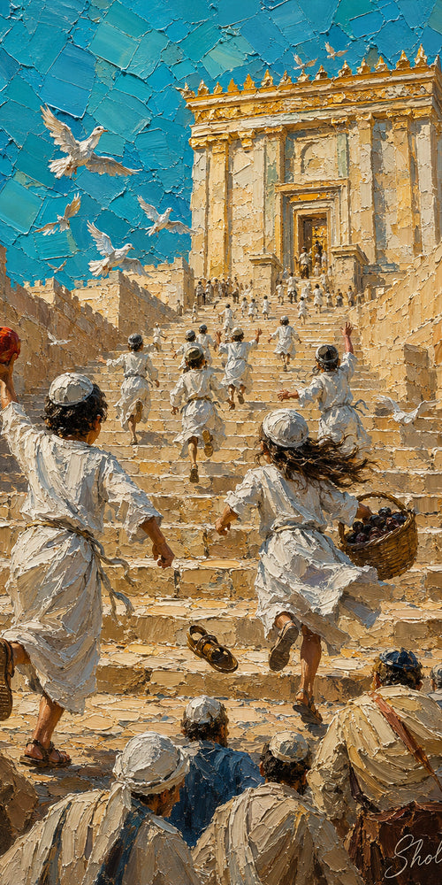 Children Running Up the Steps, sukkah wall art by Sholom.