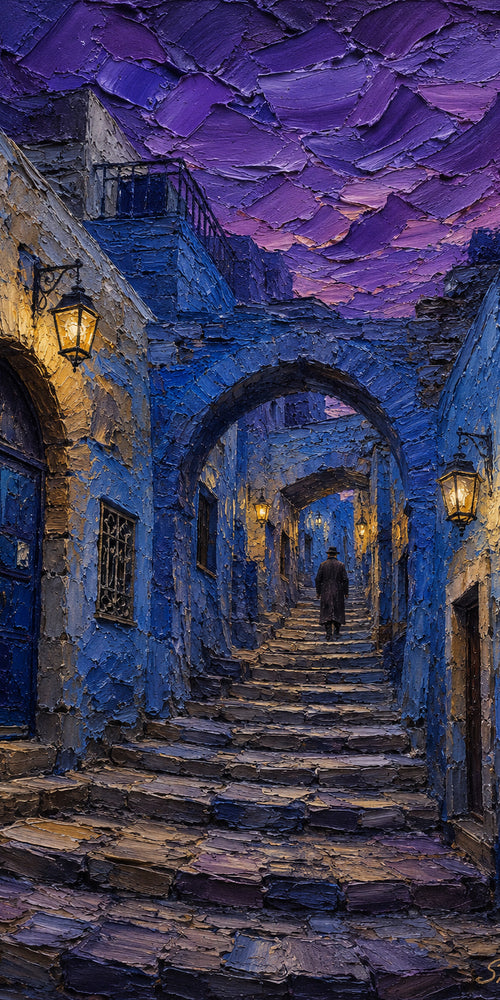 Alley Under a Violet Sky, sukkah wall art by Sholom.