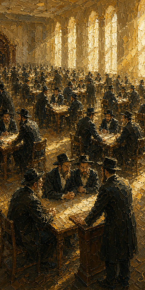 Beis Medrash in Gold Light, sukkah wall art by Sholom.