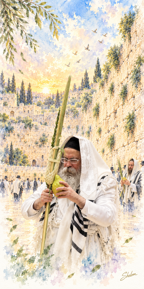 Doves Over the Plaza, sukkah wall art by Sholom.