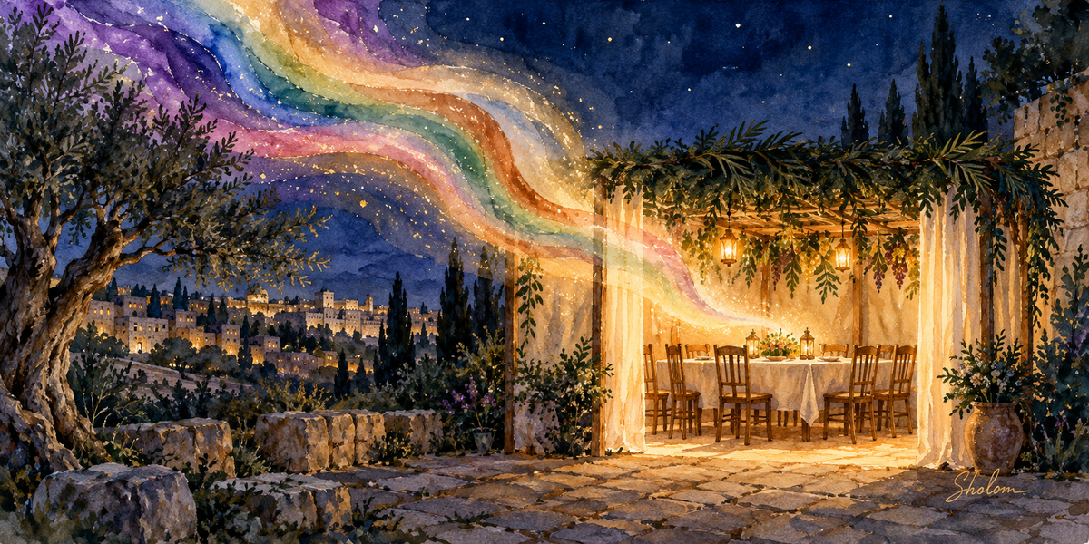 Rainbow Over the Sukkah, sukkah wall art by Sholom.